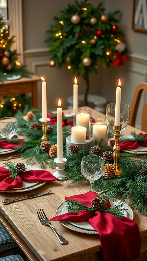 Simple Christmas Table Decorations Ideas A festive Christmas table setting with greenery, candles, and seasonal decorations.
